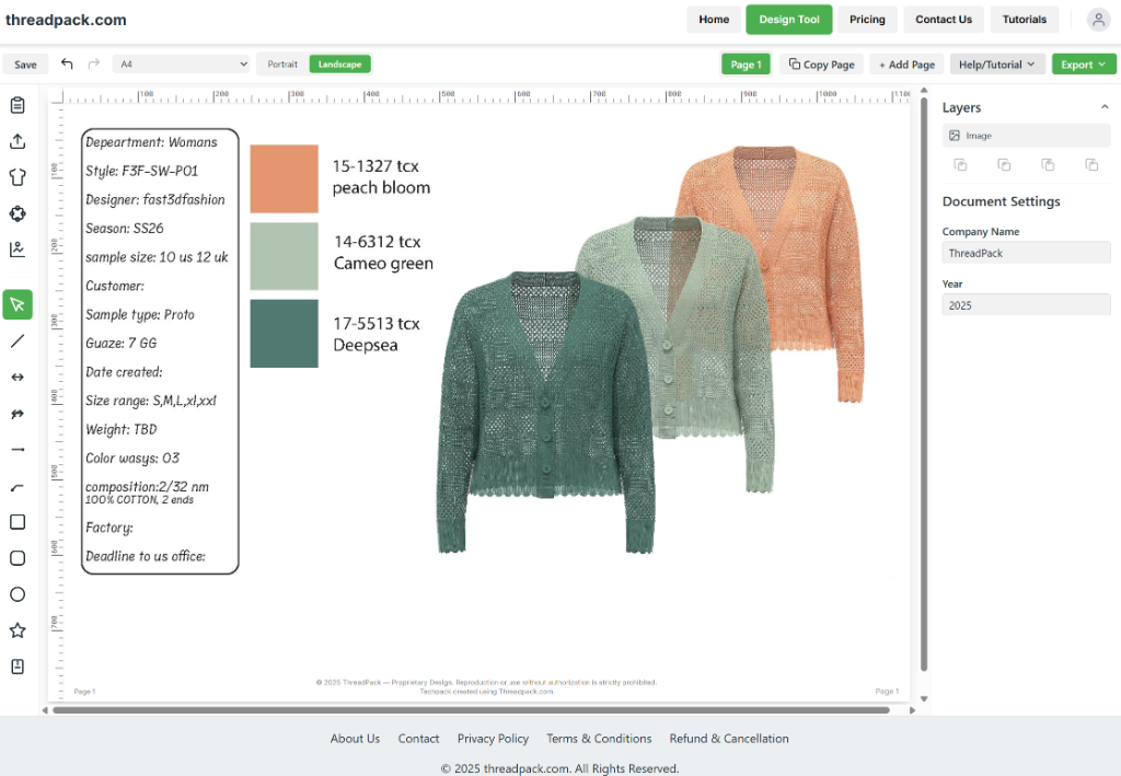 Professional fashion tech pack measurement spec sheet template